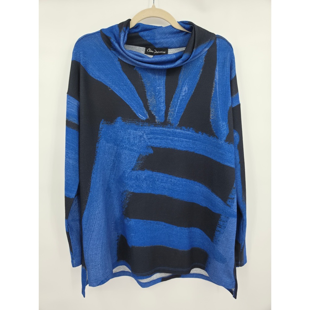 Claire Desjardins Blue Black Abstract Cowl Neck Top Long Sleeve Womens Medium